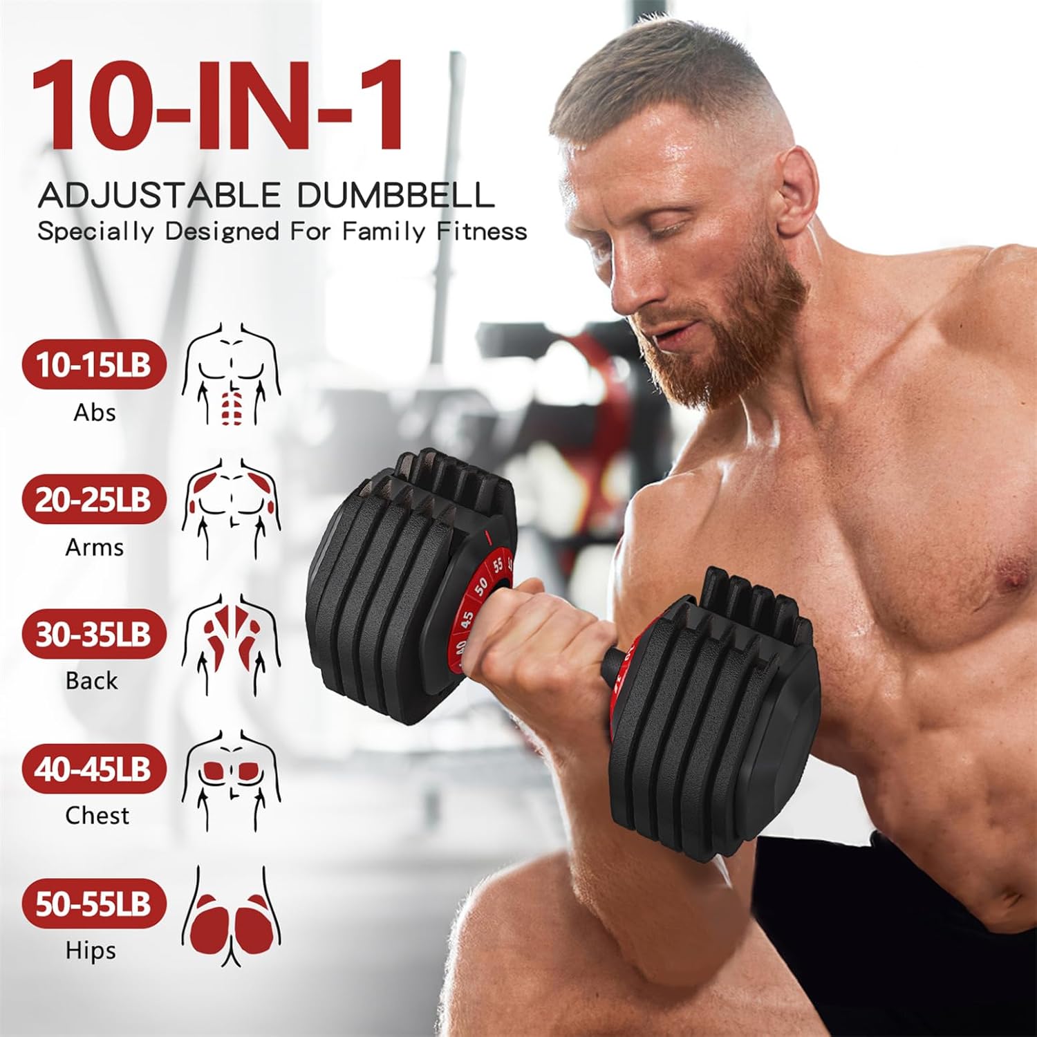 Adjustable Dumbbell 55LB Single Dumbbell Weight, 10-in-1 Weight Dumbbells with Anti-Slip Metal Handle and Bicep Supports for Comprehensive Full Body Strength Training - Image 3