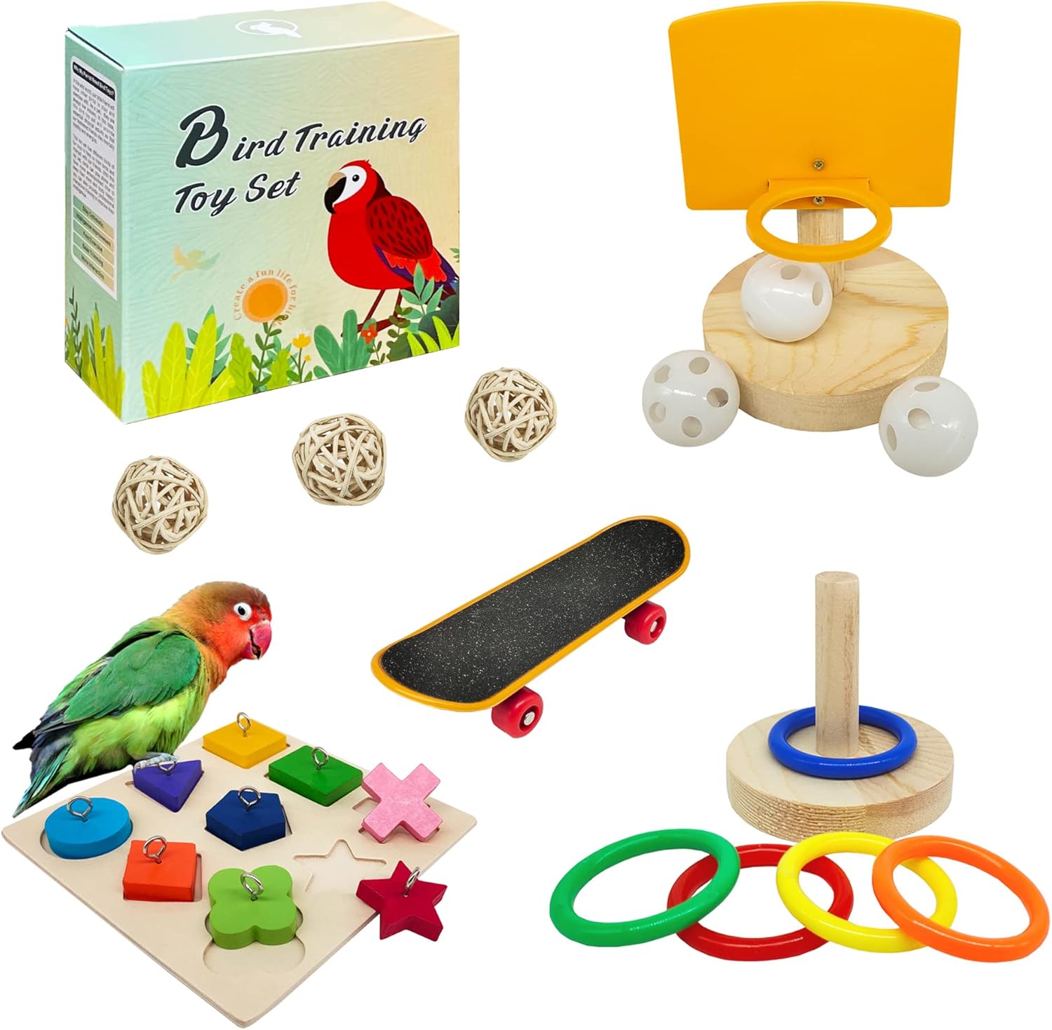 Bird Toys For Parakeets,5pcs Parrot Toys Set (Include Bird Basketball Toy、Bird Skateboard、Bird Stacking Toy、Parrot Wooden Block Puzzles Toy、Small Sepak Takraw),Parakeet Toys、For Bird Training Toys12 - Image 2