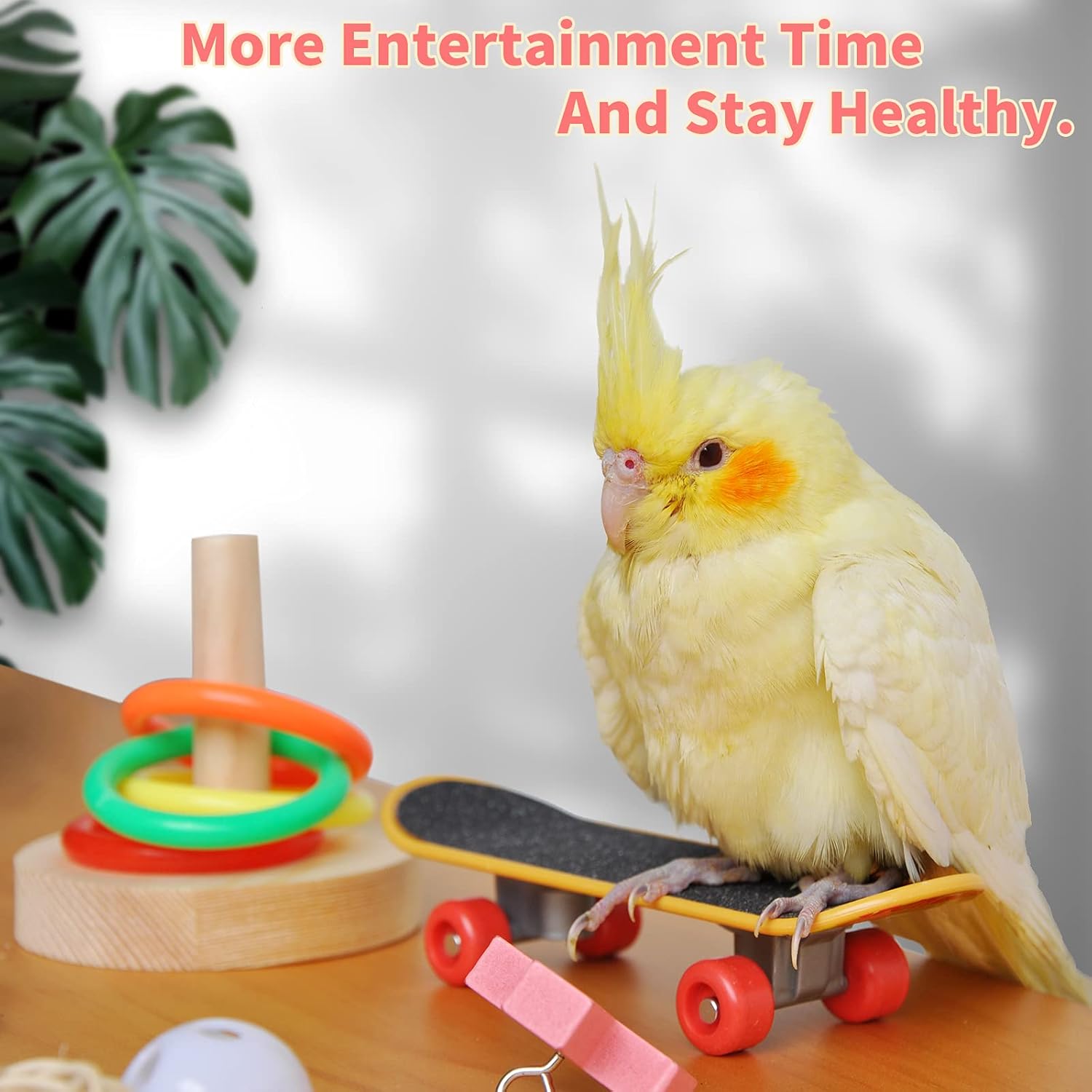 Bird Toys For Parakeets,5pcs Parrot Toys Set (Include Bird Basketball Toy、Bird Skateboard、Bird Stacking Toy、Parrot Wooden Block Puzzles Toy、Small Sepak Takraw),Parakeet Toys、For Bird Training Toys12 - Image 5