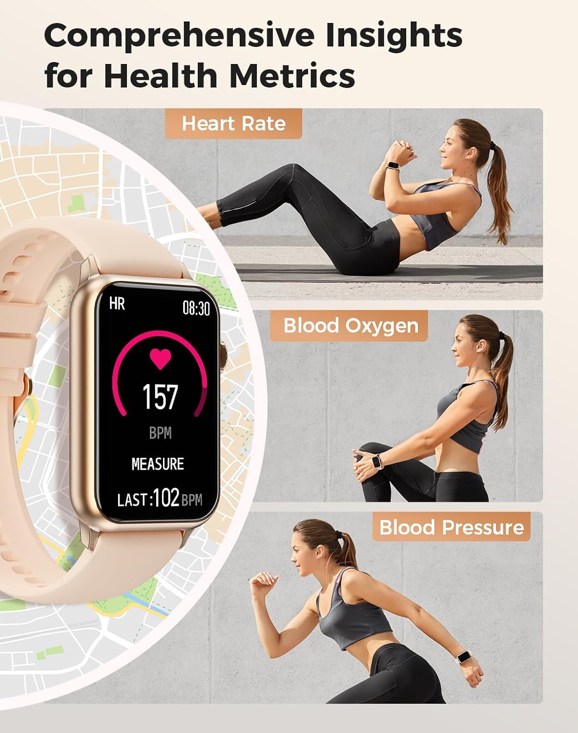Health Fitness Tracker Smart Watch with 24/7 Heart Rate Blood Oxygen Blood Pressure Monitor Sleep Tracker 128 Exercise Modes Step Calorie Counter Pedometer IP68 Waterproof for Women Men Android iOS - Image 3