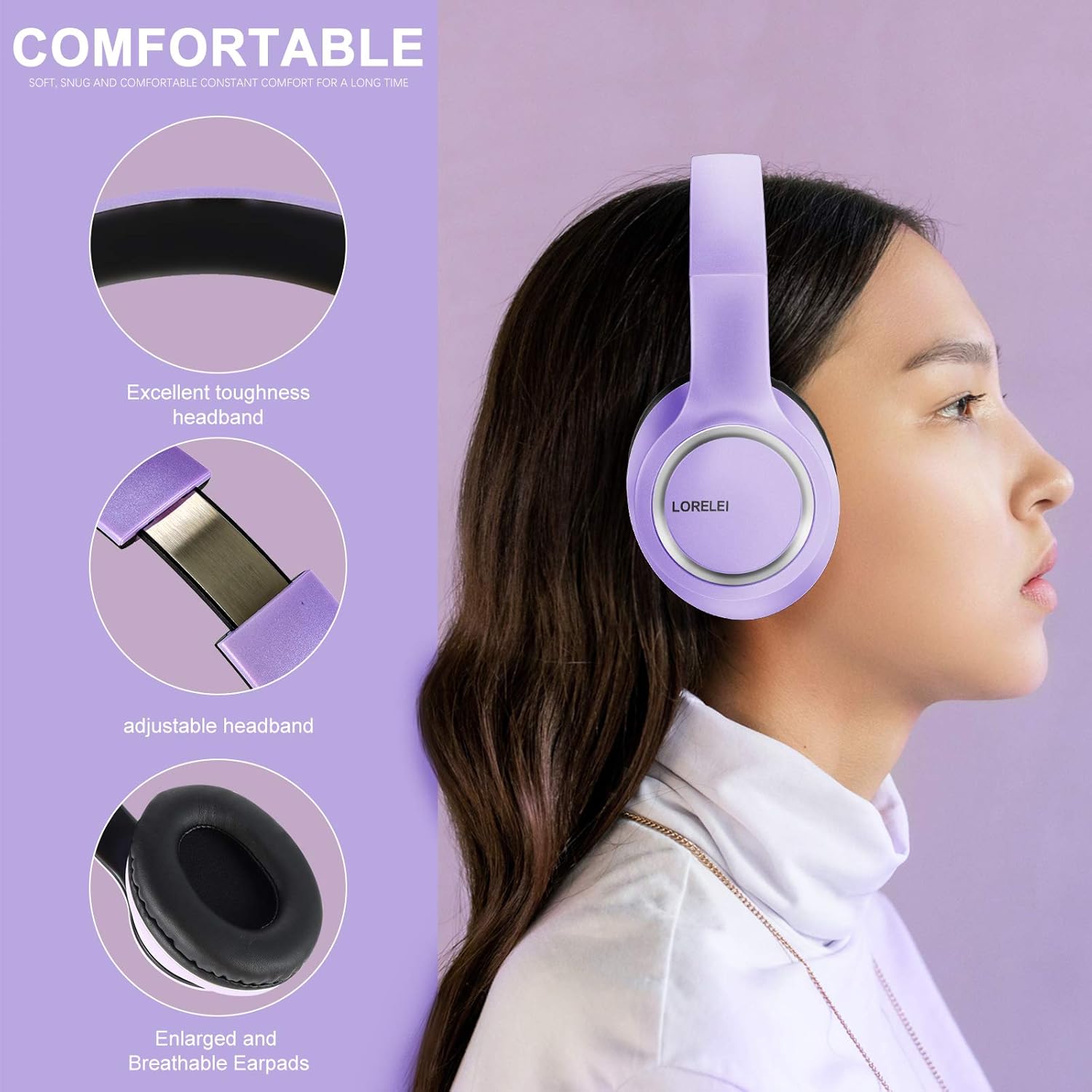 LORELEI X8 Over-Ear Wired Headphones with Microphone with 1.45m-Tangle-Free Nylon Line&3.5mm Plug,Lightweight Foldable & Portable Headphones for Smartphone,Tablet,Computer,Mp3/4(Dark Purple) - Image 3