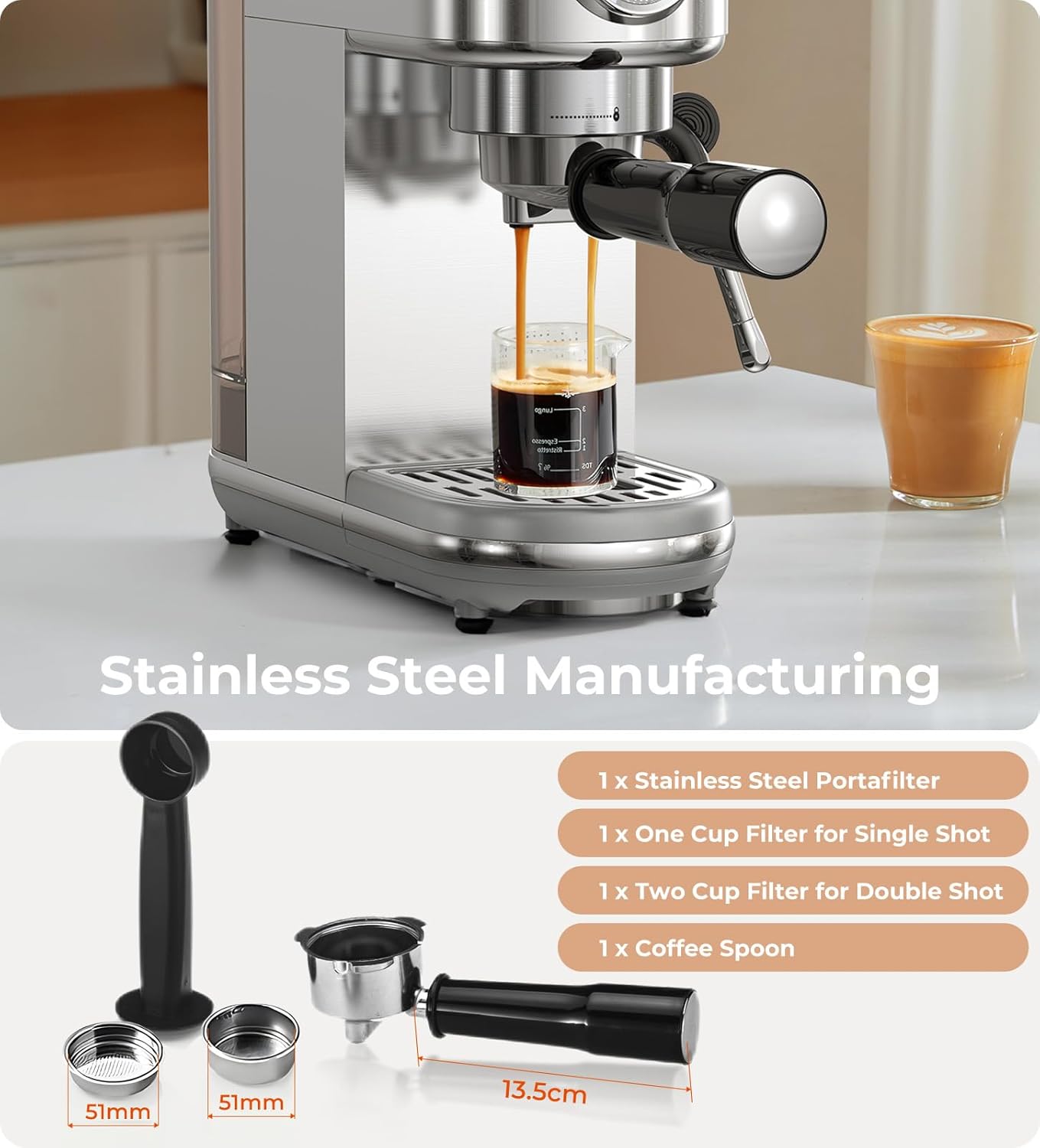 Espresso Machine with Milk Frother, 20 Bar High Pressure Professional Espresso Maker Automatic, Compact Stainless Steel Coffee Machine for Cappuccino, Latte, Gift for Coffee Lover, Silver - Image 8