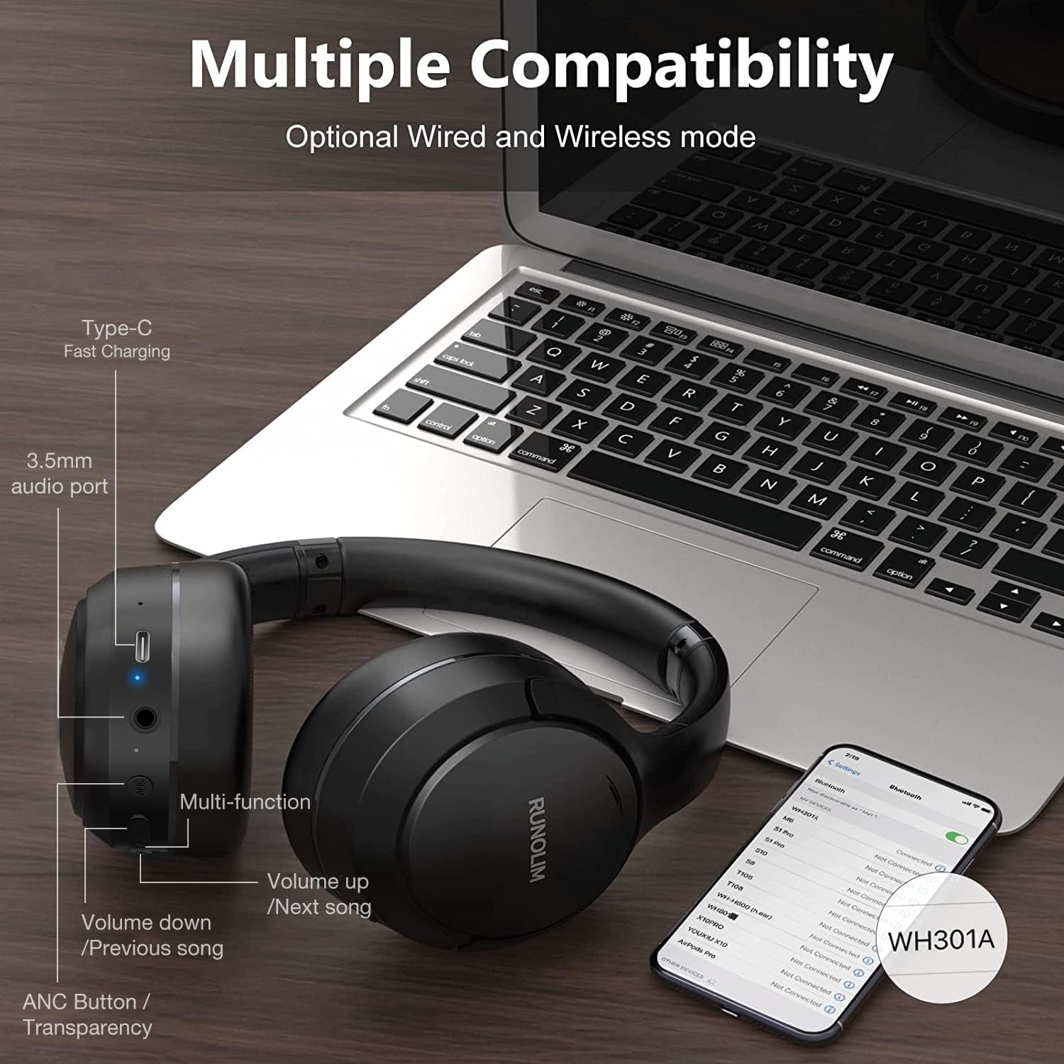 RUNOLIM Hybrid Active Noise Cancelling Headphones, Wireless Over Ear Bluetooth Headphones with Microphone, 70H Playtime, Foldable Headphones with HiFi Audio, Deep Bass for Home Travel Office - Image 9