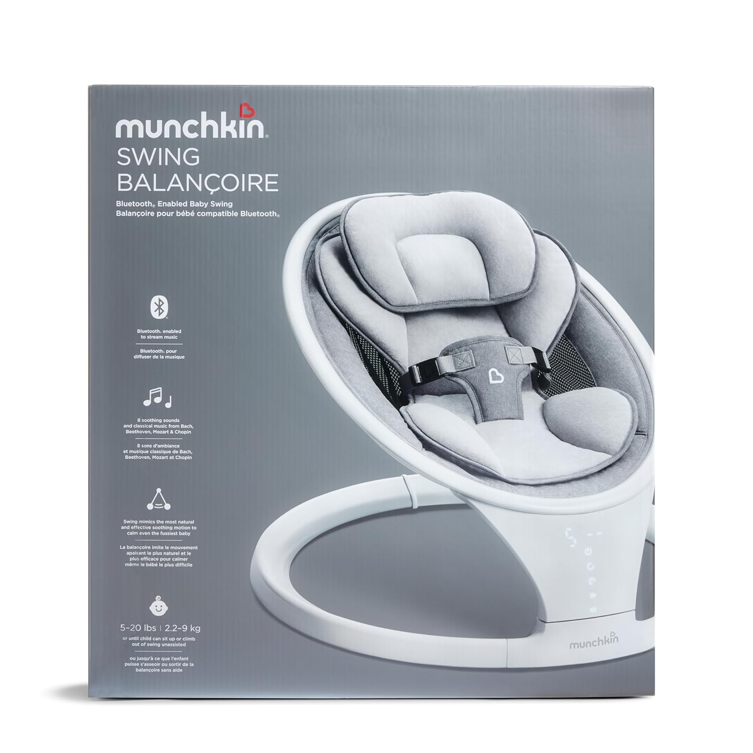 Munchkin Baby Swing, Portable and Lightweight, Bluetooth Enabled Electric Infant Rocker with Natural Sway in 5 Ranges of Motion, Newborn Nursery Essentials, White/Grey - Image 9